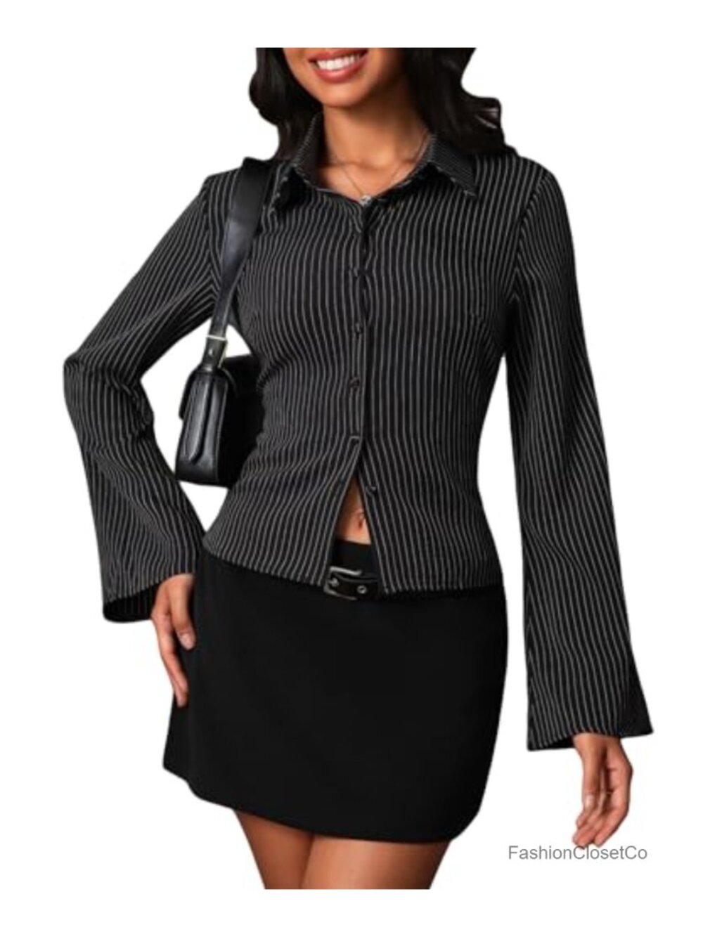 Fitted Striped Button Down Blouse Bell Sleeve Office Work Top